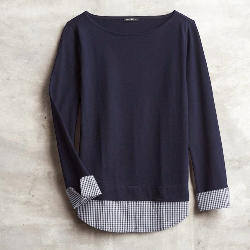 J.Crew Navy Long Sleeve Top with Checkered